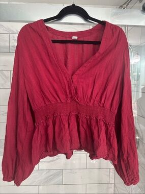 Old Navy Crimson V-Neck Smocked Peplum Blouse